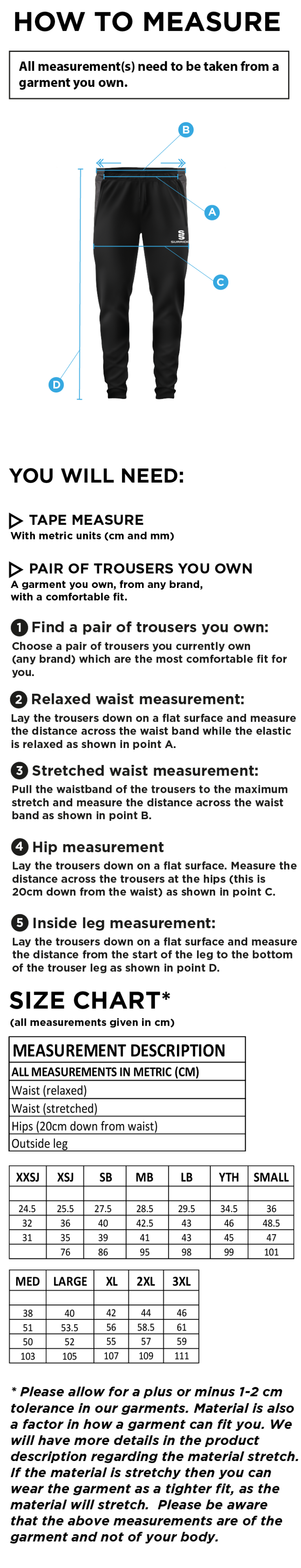 Liverpool CC - Tek Pants - Size Guide