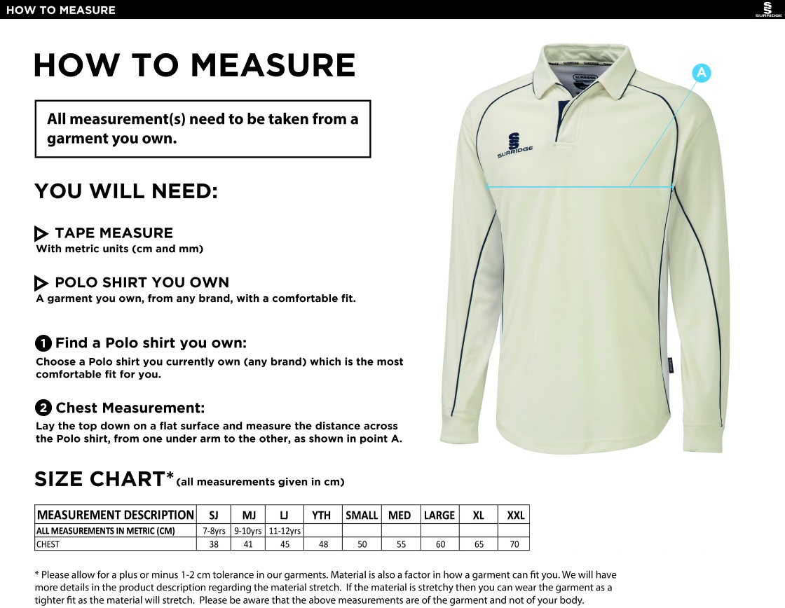 Liverpool CC - Premier Long Sleeved Shirt - Size Guide