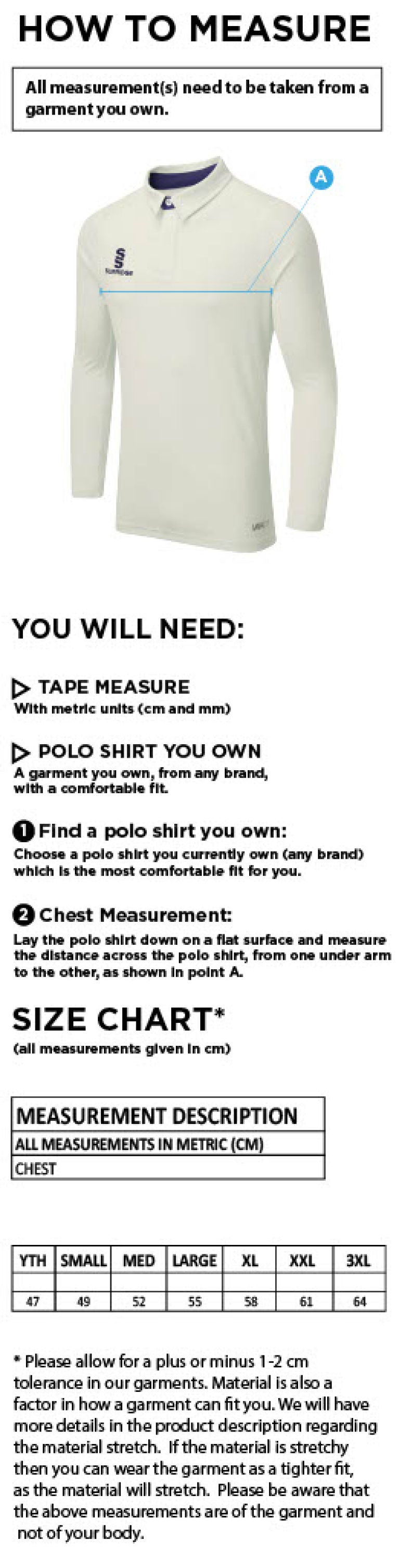 Liverpool CC - Long Sleeved Ergo Playing Shirt - Size Guide