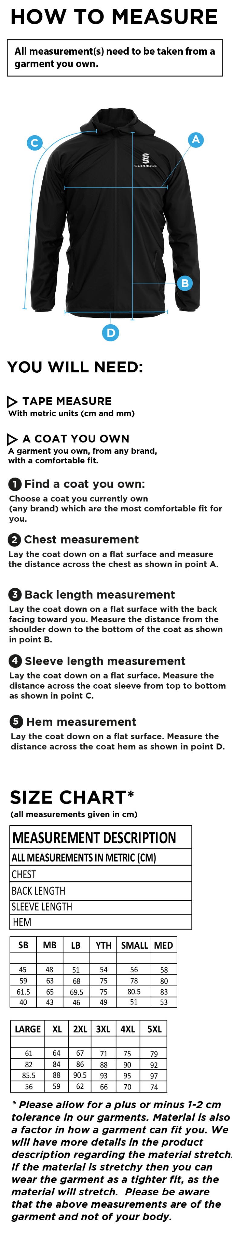 Liverpool CC - Training Jacket - Size Guide