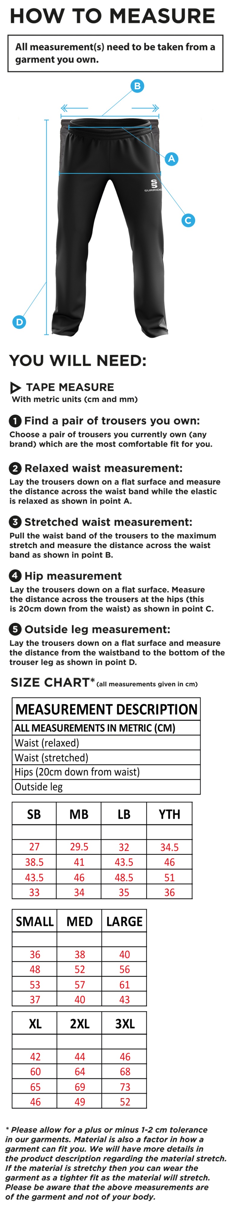 LIVERPOOL CC Rip Stop Track Pant : Black - Size Guide