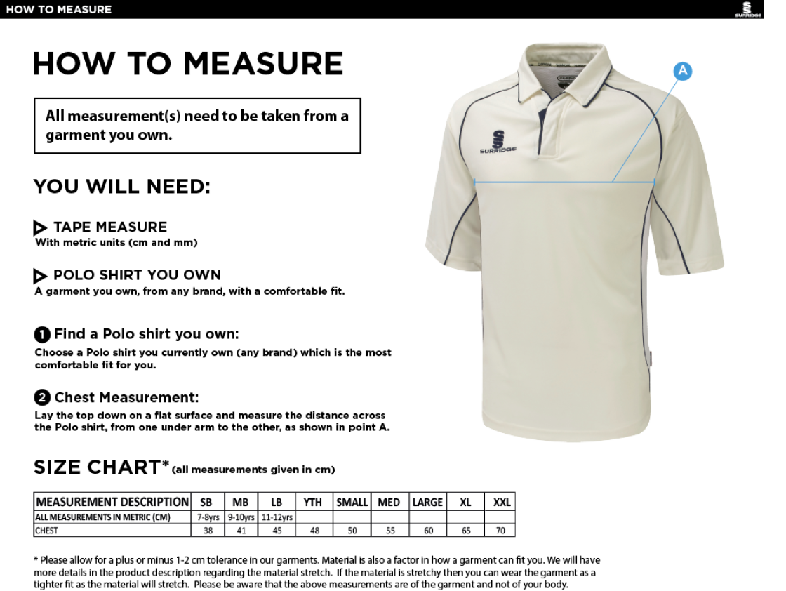 Liverpool CC - Premier 3/4 Sleeved Shirt - Size Guide