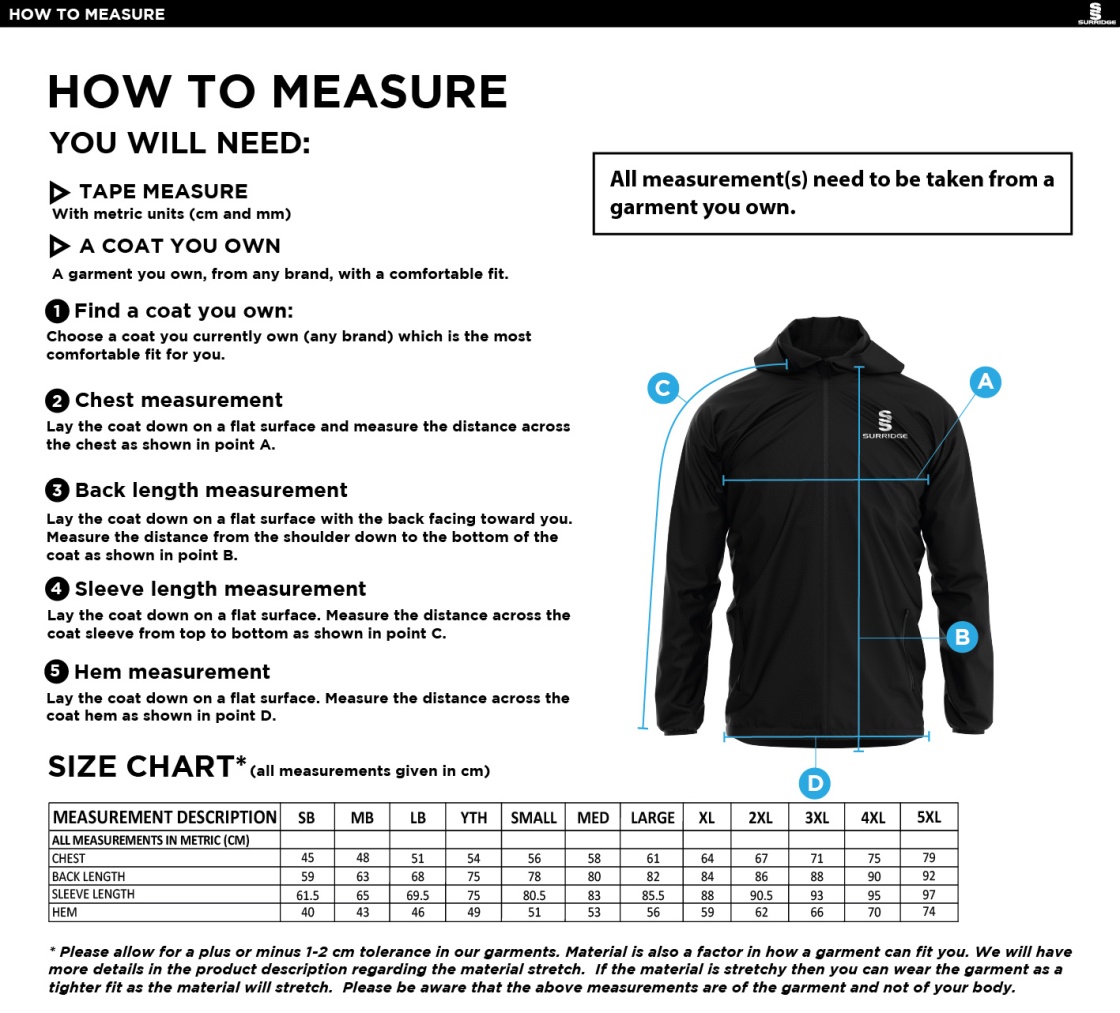 Liverpool CC - Training Jacket - Size Guide