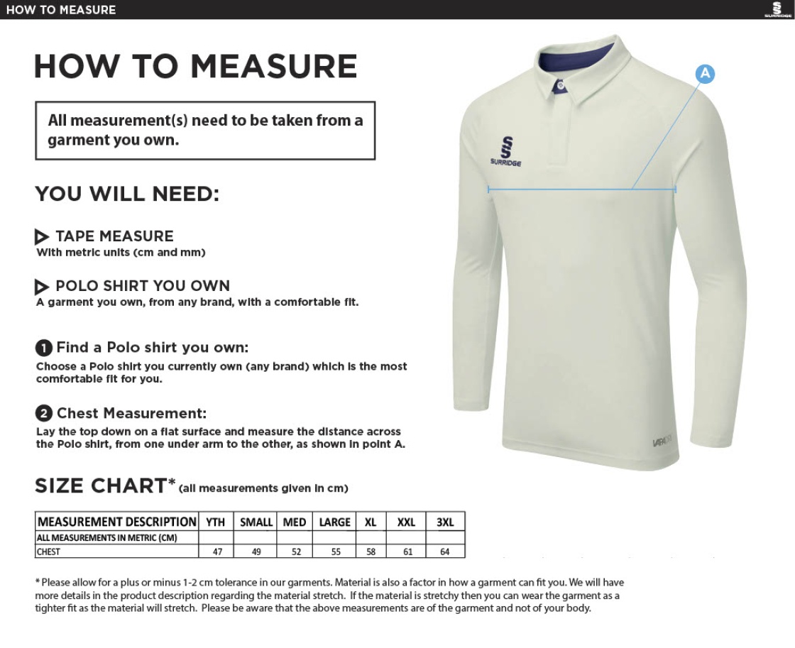 Liverpool CC - Long Sleeved Ergo Playing Shirt - Size Guide