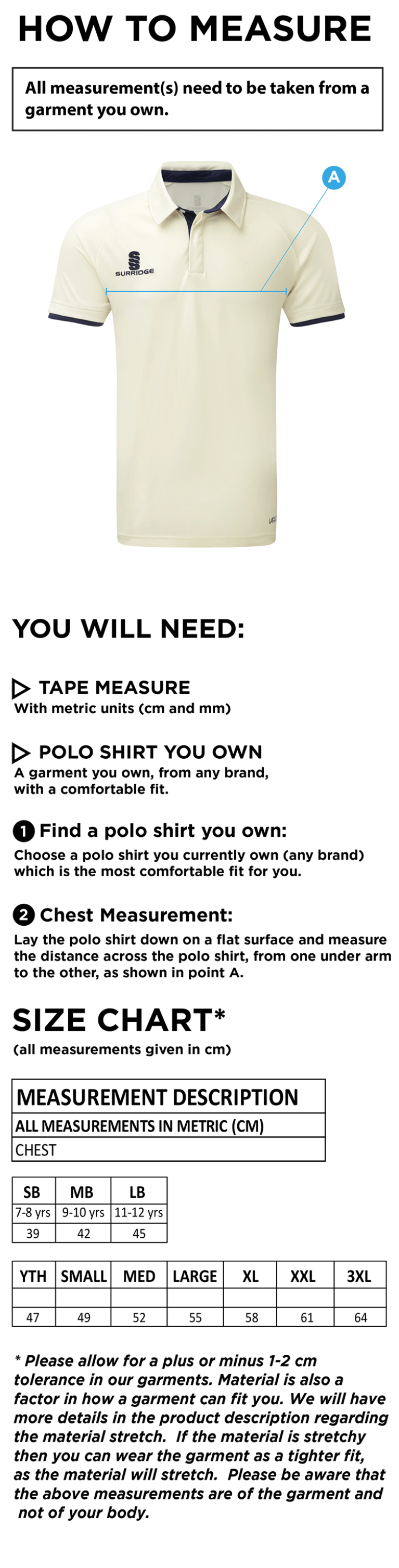 Liverpool CC - Short Sleeved Ergo Playing Shirt - Size Guide