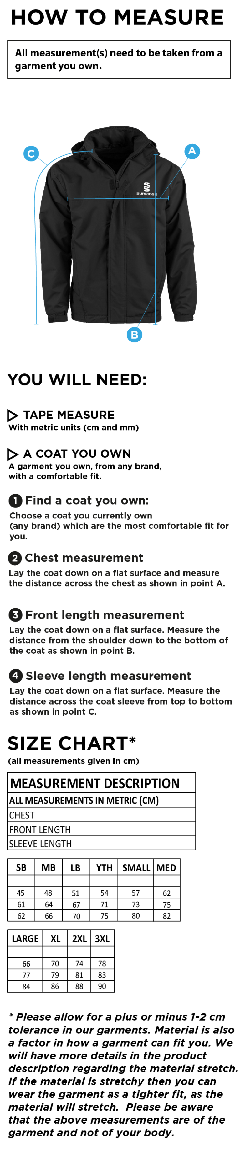 Liverpool CC - Fleeced Line Jacket - Size Guide