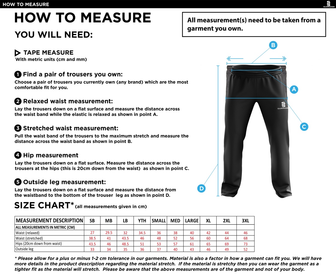 LIVERPOOL CC Rip Stop Track Pant : Black - Size Guide