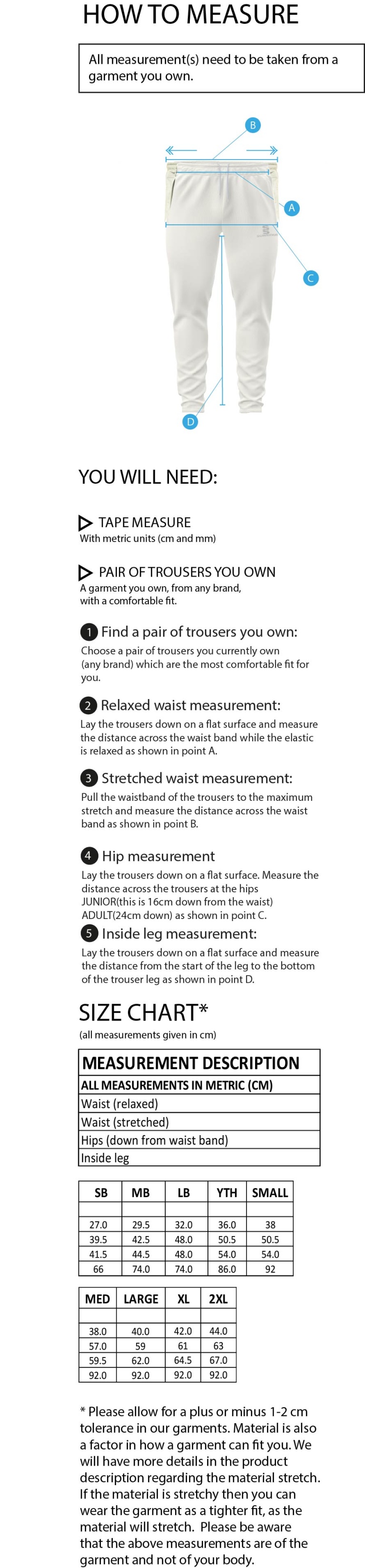Liverpool CC - Tek Playing Pants - Size Guide