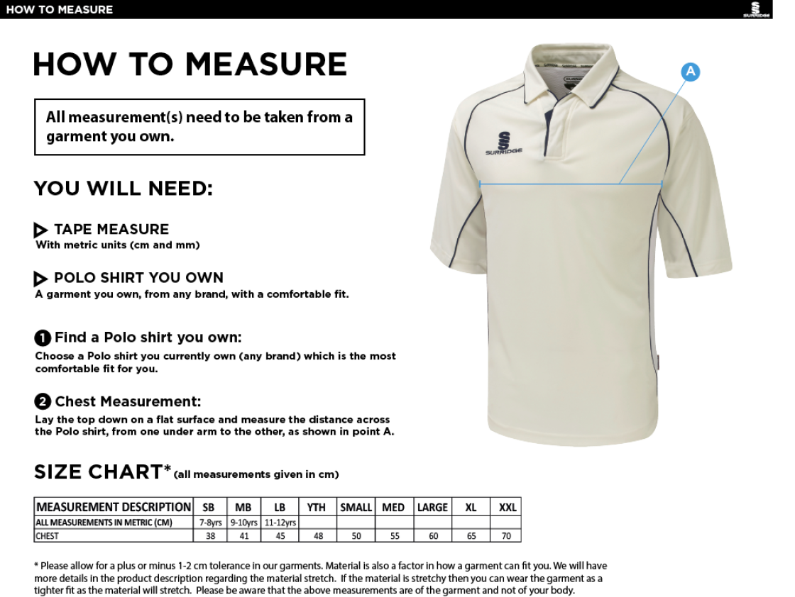 Liverpool CC - Premier 3/4 Sleeved Shirt - Size Guide